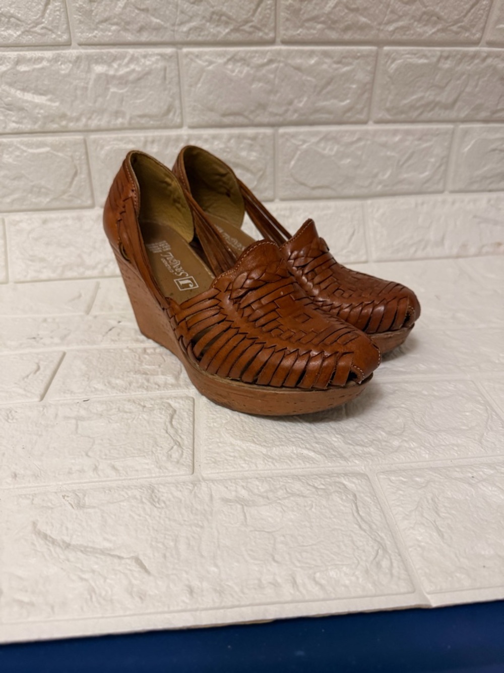 Woven Leather Wedge Heels in Brown